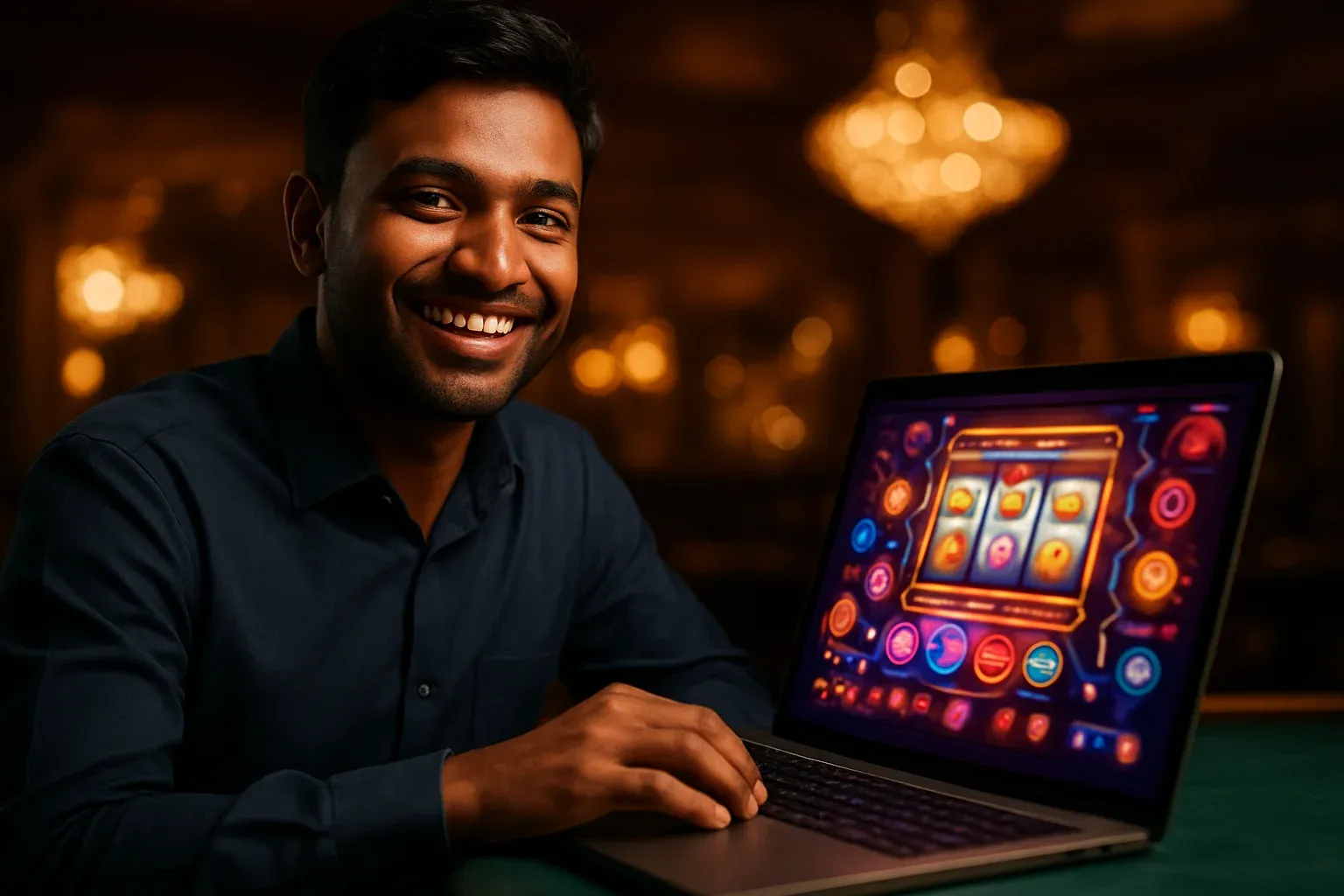 Cheerful Bangladeshi man with open laptop at premium casino lounge